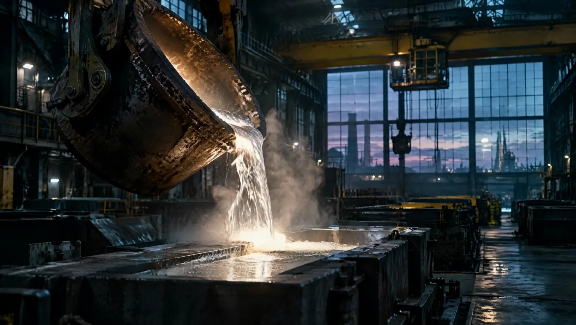 Flüssiges Blei wird in einer Industriehalle in eine Form gegossen